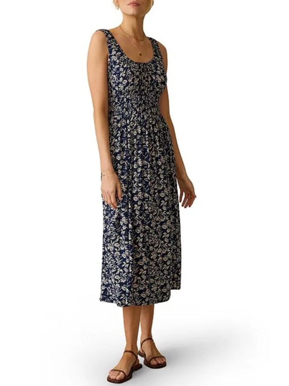 Faherty Sophia Smocked Midi Dress Navy Coastal Bloom Floral Viscose | Size M
